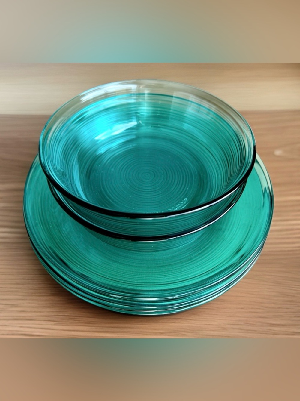 Arcoroc Green Turquoise Jardiniere Ribbed Glass Bowls & Plates France LOT OF 6